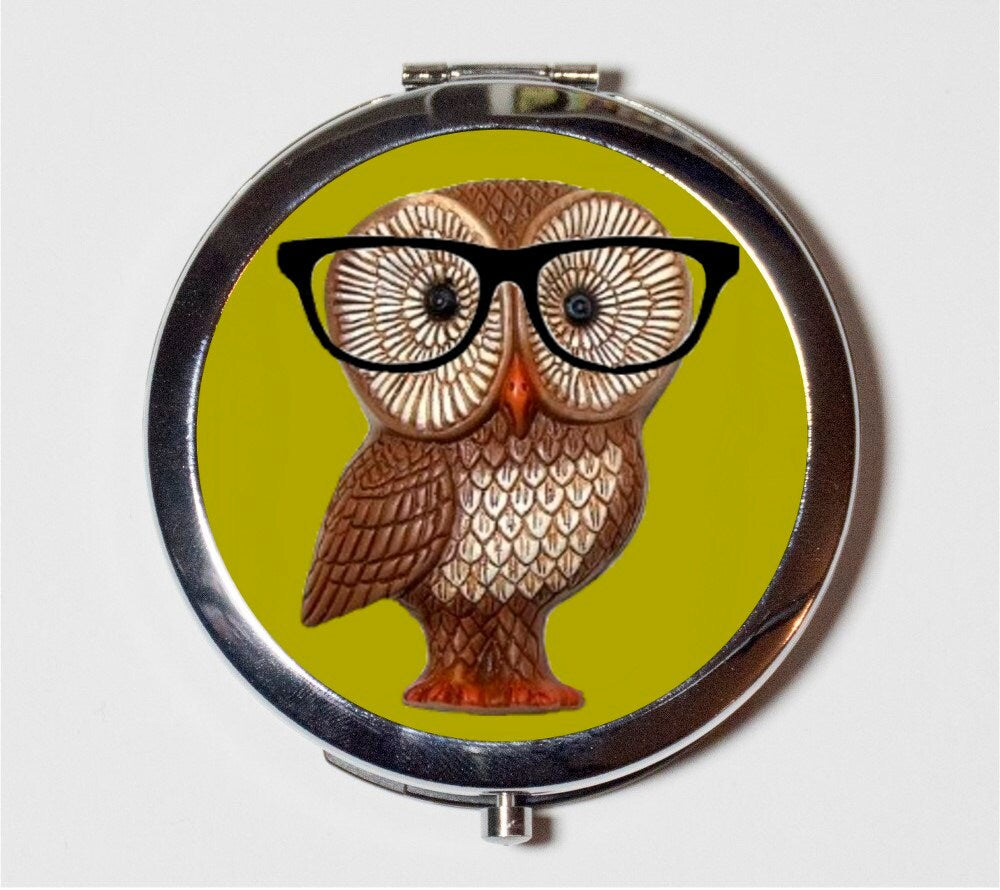 Owl Nerd Compact Mirror - Anthropomorphic Animal with Eyeglasses Pop Art Hipster - Make Up Pocket Mirror for Cosmetics