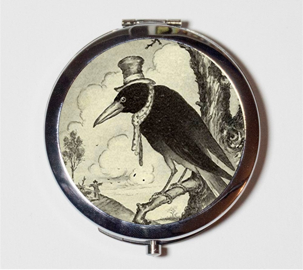 Hobo Crow Compact Mirror - Whimsical Blackbird Black Bird in Hat on Branch - Make Up Pocket Mirror for Cosmetics