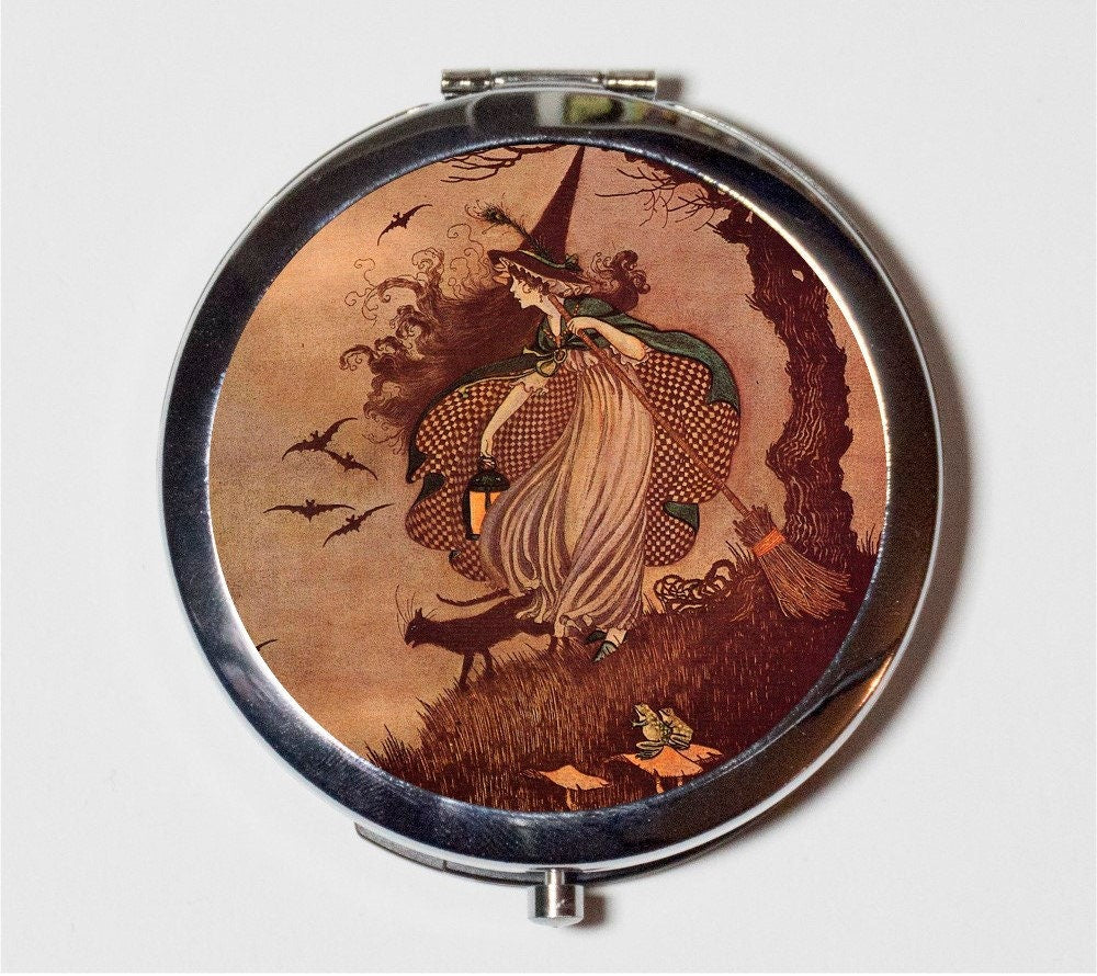 Storybook Witch Compact Mirror - Vintage Fairytale Fairy Tale Halloween Gnarly Tree - Make Up Pocket Mirror for Cosmetics