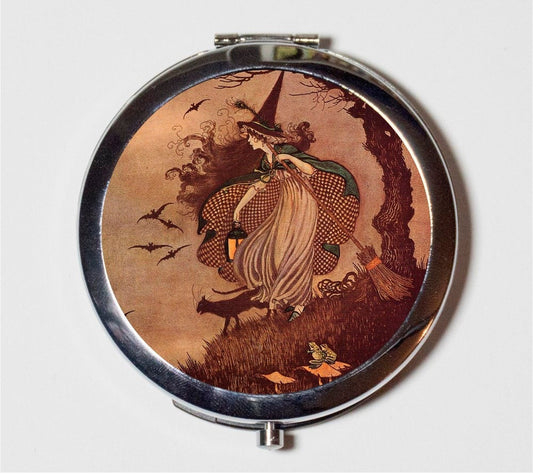 Storybook Witch Compact Mirror - Vintage Fairytale Fairy Tale Halloween Gnarly Tree - Make Up Pocket Mirror for Cosmetics