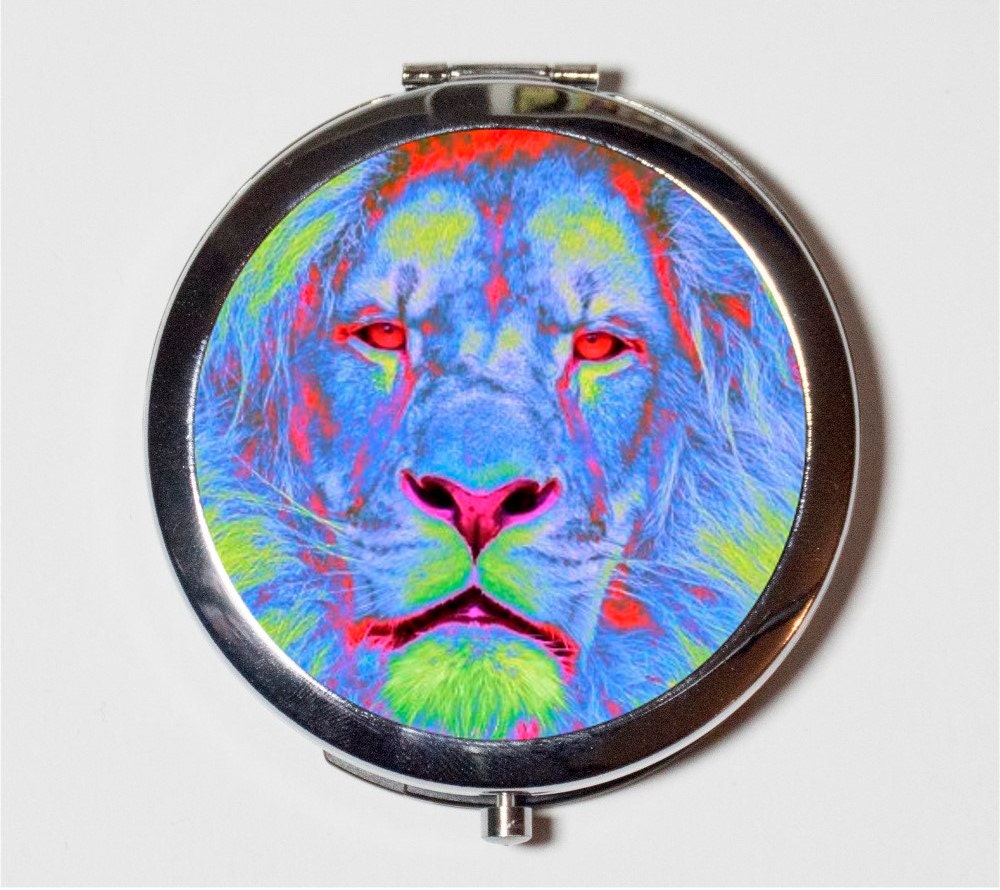 Neon Lion Compact Mirror - Animal Pop Art Trippy Colors Psychedelic Spirit Animals - Make Up Pocket Mirror for Cosmetics