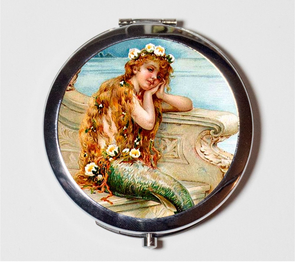 Mermaid Compact Mirror - Nautical Beach Ocean Sea Siren Mermaids - Make Up Pocket Mirror for Cosmetics