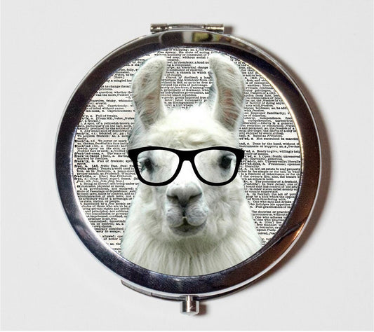 Llama Nerd Compact Mirror - Anthropomorphic Animal with Eyeglasses Pop Art Hipster - Make Up Pocket Mirror for Cosmetics