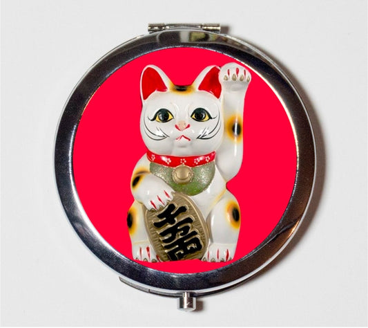 Maneki Neko Compact Mirror - Japanese Lucky Cat Japan Luck Charm - Make Up Pocket Mirror for Cosmetics