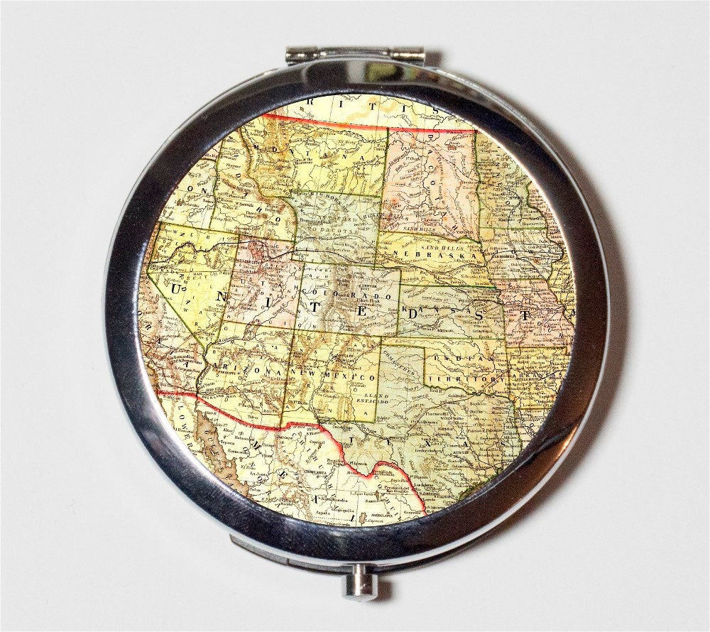 Antique United States Map Compact Mirror - Image of Map Detail America USA - Make Up Pocket Mirror for Cosmetics