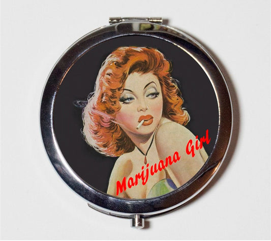 Marijuana Girl Compact Mirror - Vintage Pulp Image Weed Pot Cannabis Pin Up - Make Up Pocket Mirror for Cosmetics