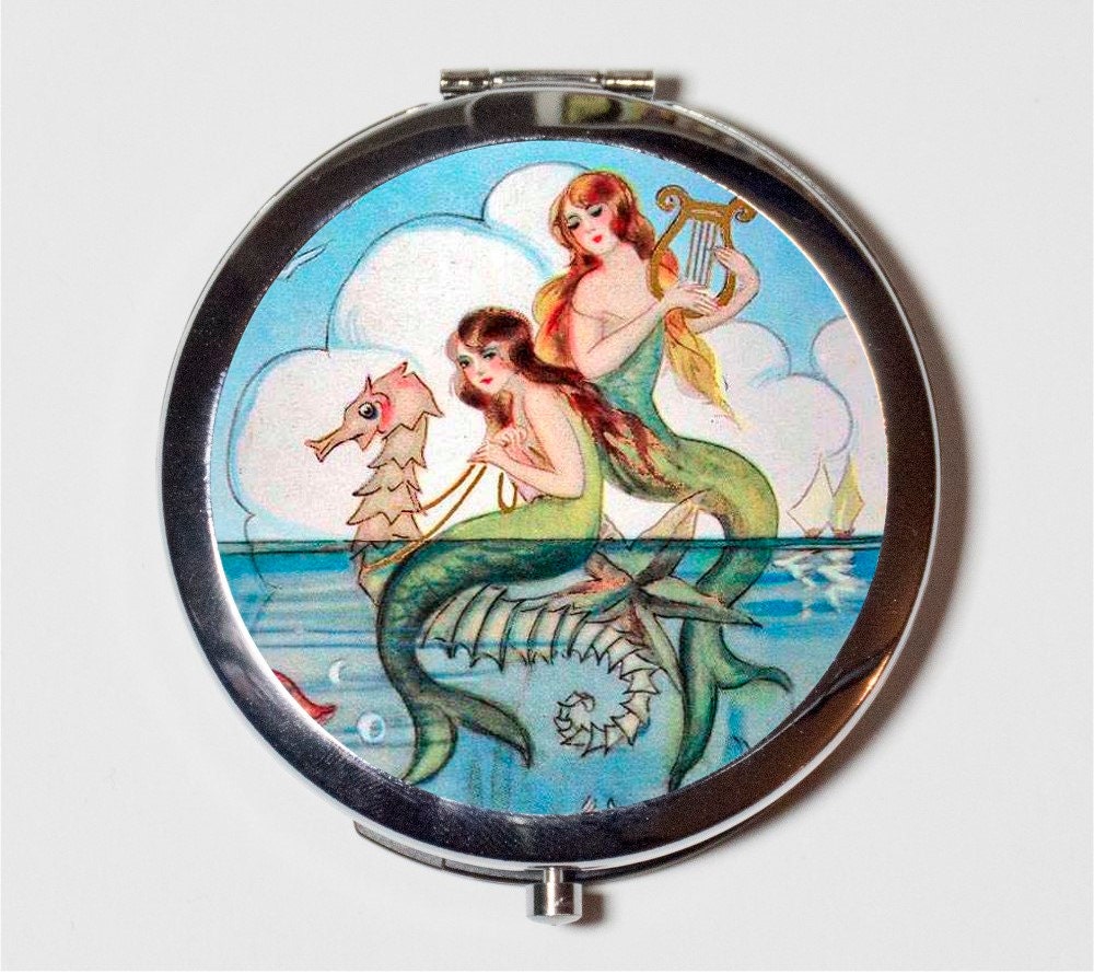 Mermaid with Harps and Seahorse Compact Mirror - Nautical Beach Ocean Sea Siren Mermaids - Make Up Pocket Mirror for Cosmetics