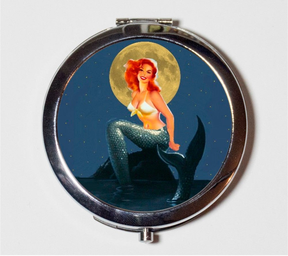 Mermaid Moonlight Pin Up Compact Mirror Pinup - Nautical Beach Ocean Sea Siren Mermaids - Make Up Pocket Mirror for Cosmetics