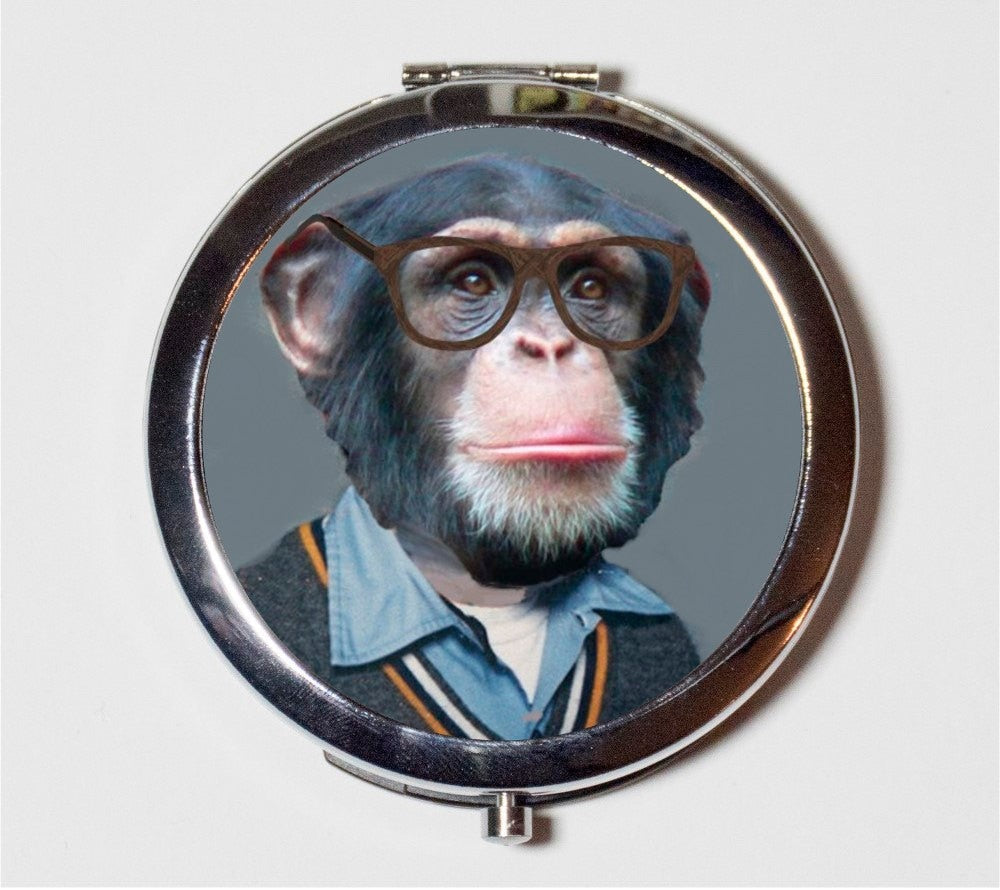 Monkey Nerd Compact Mirror - Yearbook Photo Anthropomorphic Animal with Eyeglasses Pop Art Hipster - Make Up Pocket Mirror for Cosmetics