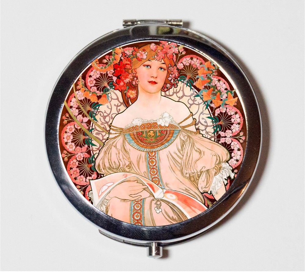 Alphonse Mucha Compact Mirror - Champenois Art Nouveau Boho Bohemian Gypsy  - Make Up Pocket Mirror for Cosmetics