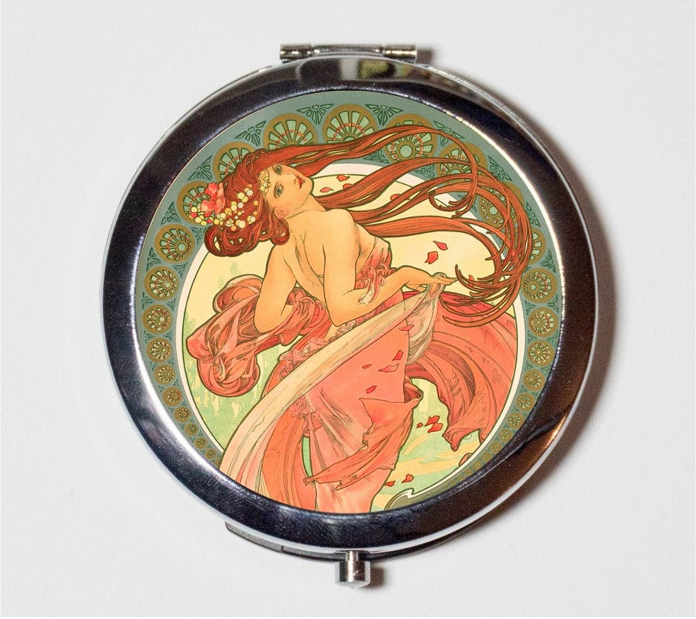 Alphonse Mucha Compact Mirror - Long Flowing Hair Art Nouveau Boho Bohemian Gypsy  - Make Up Pocket Mirror for Cosmetics