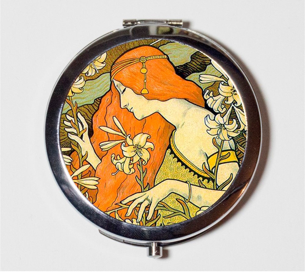 Paul Berthon Compact Mirror - Redhead Nouveau Boho Bohemian Gypsy  - Make Up Pocket Mirror for Cosmetics