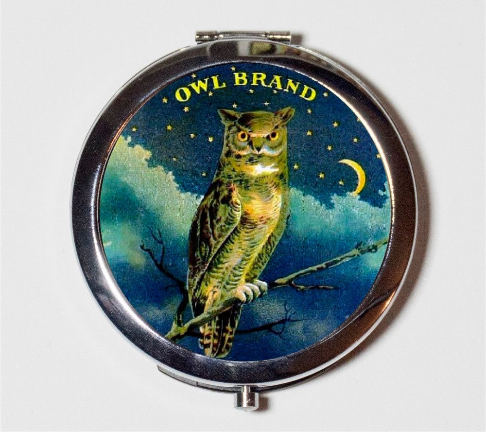 Owl Brand Compact Mirror - Animal Bird Advertisement - Make Up Pocket Mirror for Cosmetics