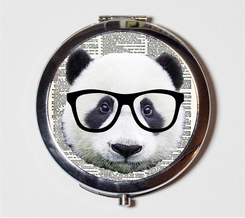 Panda Nerd Compact Mirror - Hipster Animal Art Anthropomorphic Bear in Eyeglasses - Make Up Pocket Mirror for Cosmetics