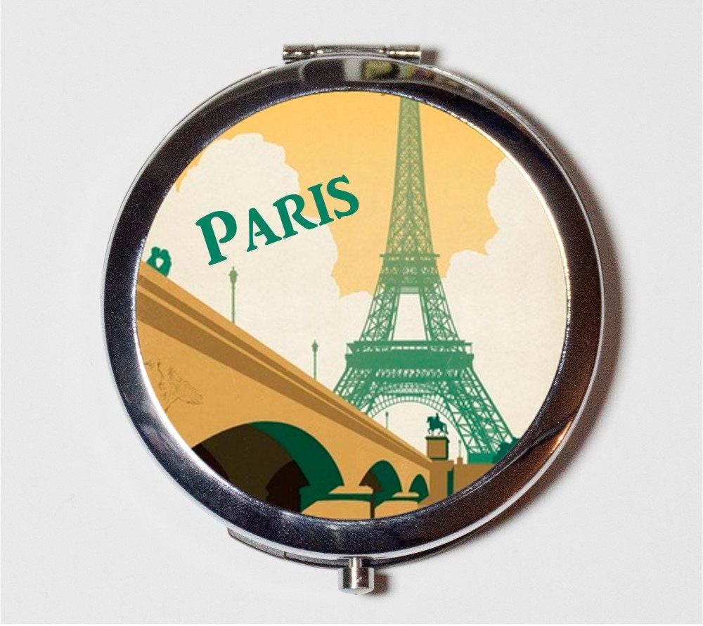 Paris Eiffel Tower Compact Mirror - French Travel Poster France Parisian - Make Up Pocket Mirror for Cosmetics