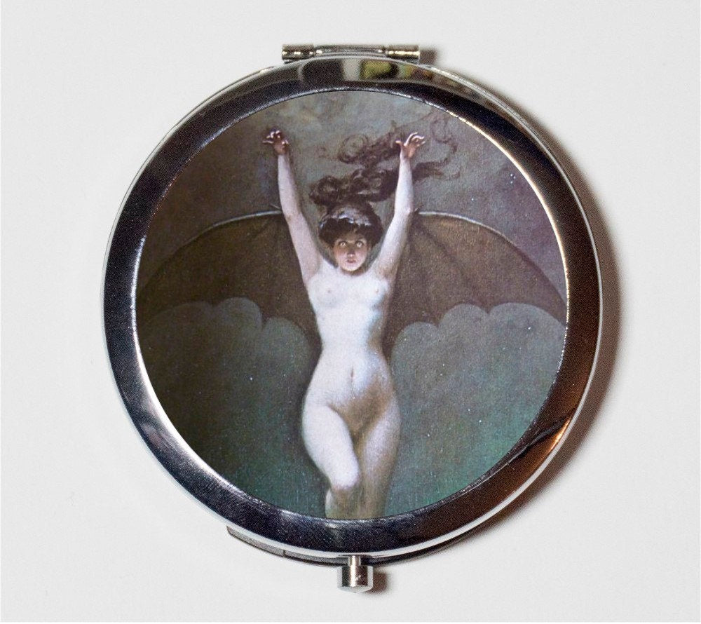 Abert Penot Bat Lady Compact Mirror - Goth Victorian Macabre Dark Art Woman - Make Up Pocket Mirror for Cosmetics