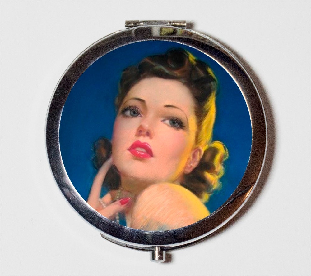 Glamorous Pinup Compact Mirror - Retro 1950's Pin Up Girl - Make Up Pocket Mirror for Cosmetics