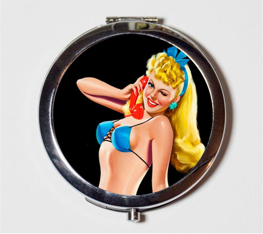 Pin Up on Phone Compact Mirror - Retro 1950's Pin Up Girl - Make Up Pocket Mirror for Cosmetics