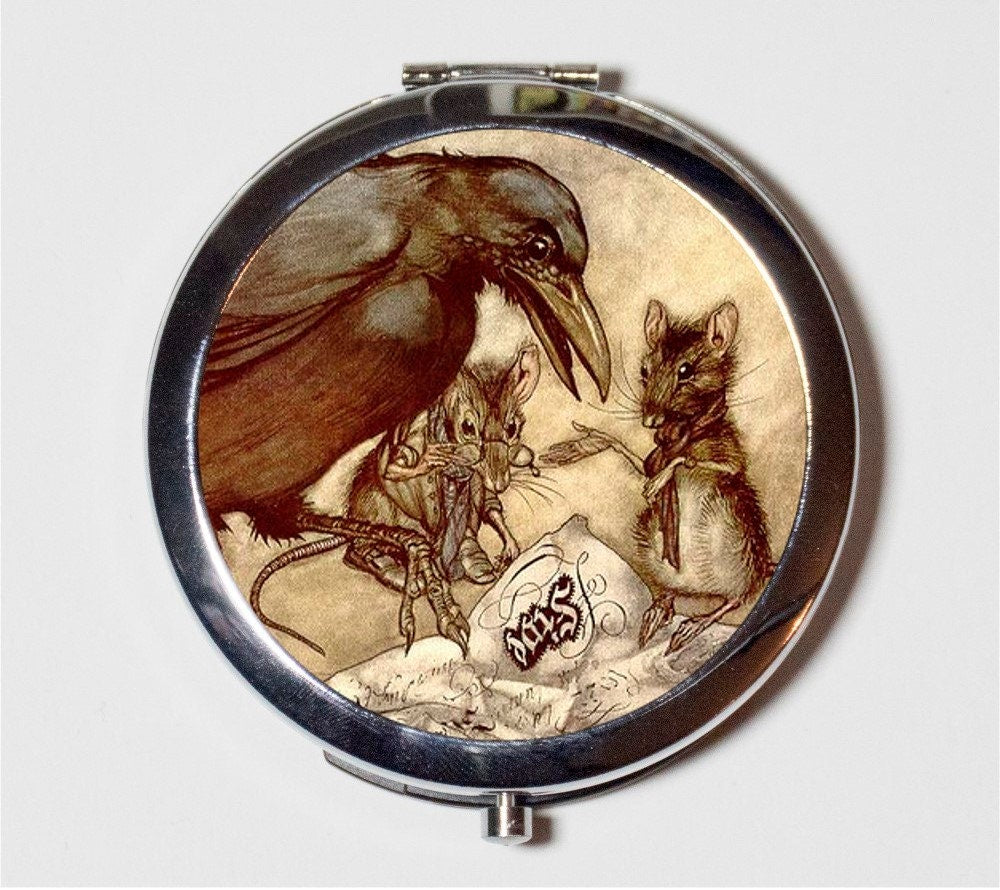 Arthur Rackham Crow and Mouse Compact Mirror - Rat Storybook Fairytale Children's Illustration - Make Up Pocket Mirror for Cosmetics