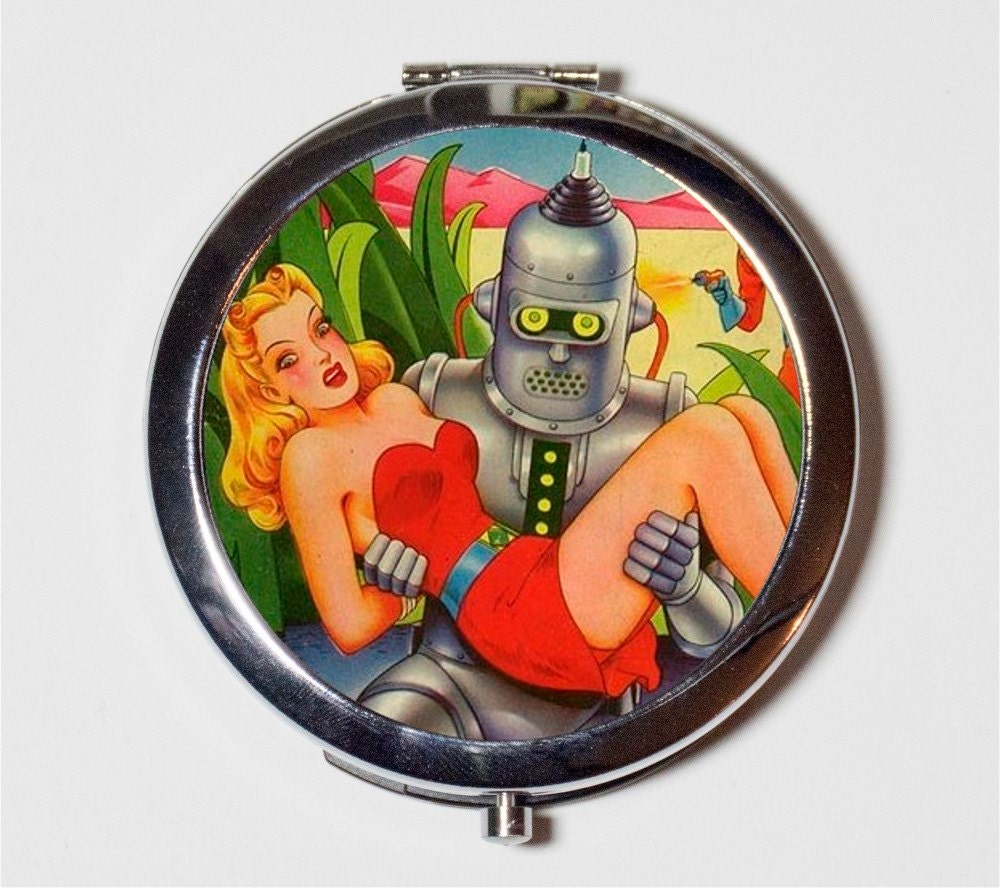 Robot and Woman Comic Compact Mirror - Retro 1950's Pin Up Girl Sci Fi - Make Up Pocket Mirror for Cosmetics