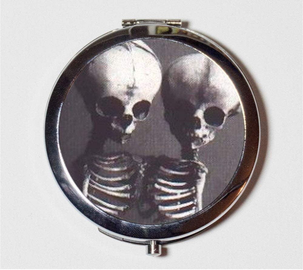 Siamese Skeletons Compact Mirror - Conjoined Twins Medical Oddity Anatomical Victorian - Make Up Pocket Mirror for Cosmetics