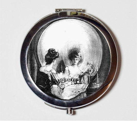 All is Vanity Compact Mirror - Skull Illusion Goth Metamorphic Woman Optical Illusion - Make Up Pocket Mirror for Cosmetics