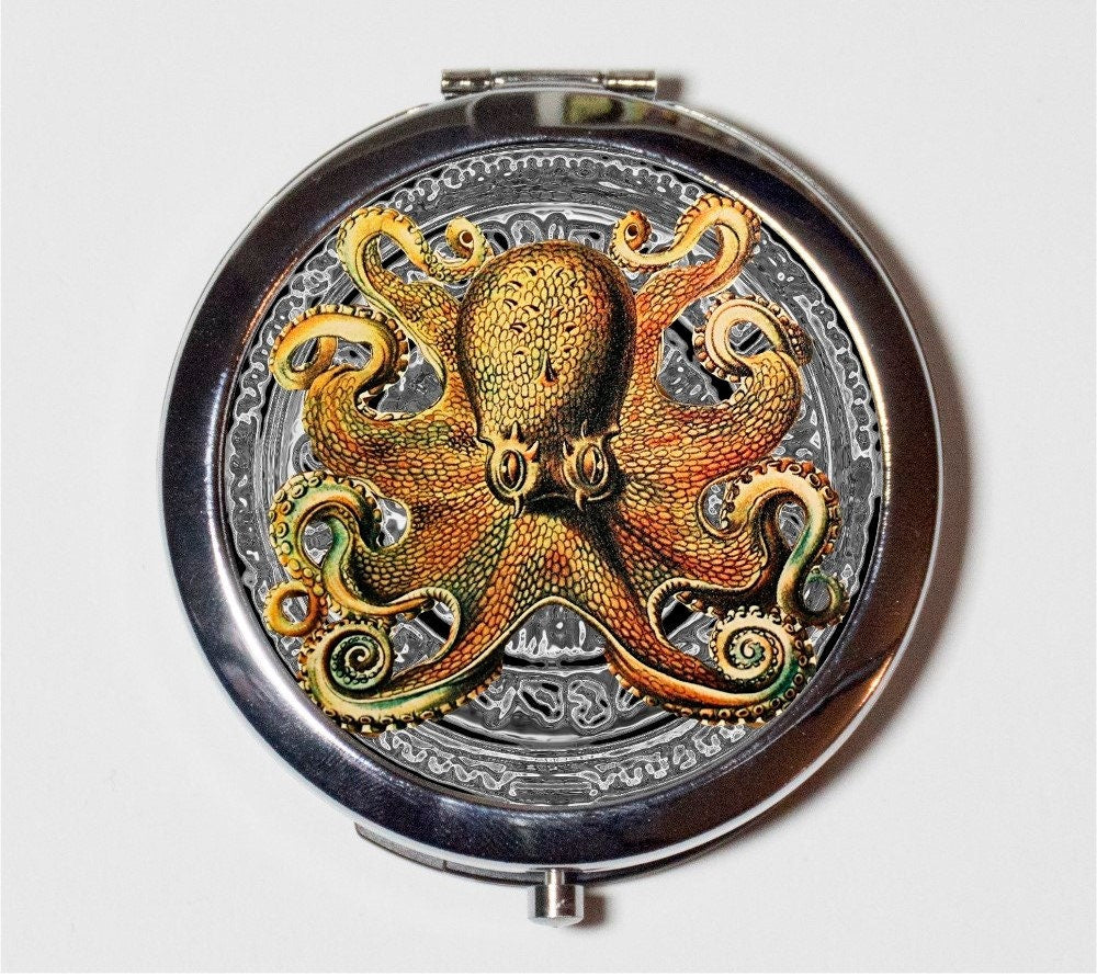 Slate Octopus Compact Mirror - Victorian Haeckel Biology Nautical - Make Up Pocket Mirror for Cosmetics