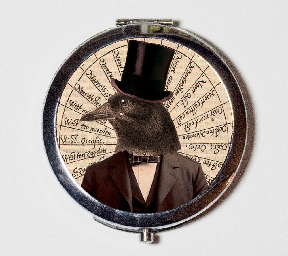 Victorian Steampunk Crow Compact Mirror - Altered Art Anthropomorphic Black Bird - Make Up Pocket Mirror for Cosmetics