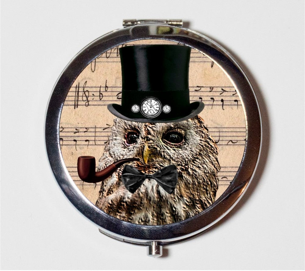 Victorian Steampunk Owl Compact Mirror - Altered Art Anthropomorphic Bird - Make Up Pocket Mirror for Cosmetics