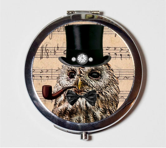 Victorian Steampunk Owl Compact Mirror - Altered Art Anthropomorphic Bird - Make Up Pocket Mirror for Cosmetics