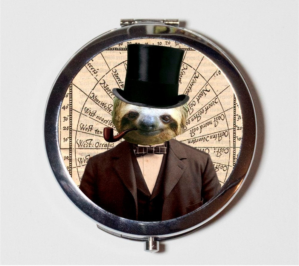 Victorian Steampunk Sloth Compact Mirror - Altered Art Anthropomorphic - Make Up Pocket Mirror for Cosmetics