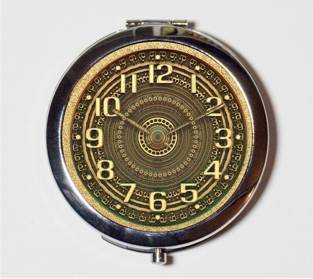 Victorian Steampunk Clock Compact Mirror - Gold Astro Sci Fi Industrial - Make Up Pocket Mirror for Cosmetics