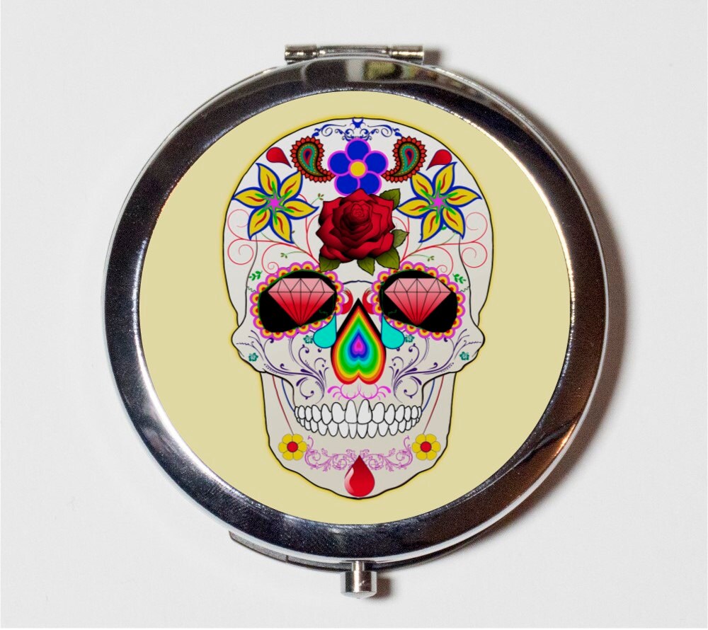 Sugar Skull Compact Mirror - Mexican Day of the Dead Holiday Dia De Los Muertos - Make Up Pocket Mirror for Cosmetics