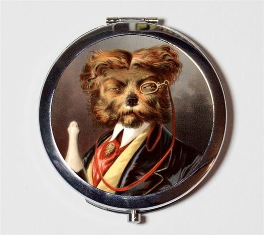 Victorian Dog Man Compact Mirror - Altered Art Anthropomorphic Animal Art - Make Up Pocket Mirror for Cosmetics