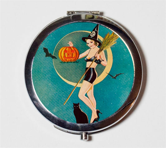 Art Deco Witch Compact Mirror - Black Cat Pumpkin Moon Pin Up Halloween - Make Up Pocket Mirror for Cosmetics