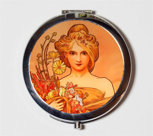 Alphonse Mucha Compact Mirror - Closeup Art Nouveau Boho Bohemian Gypsy  - Make Up Pocket Mirror for Cosmetics