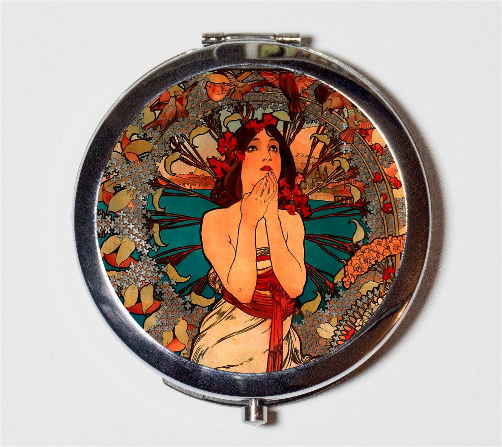 Alphonse Mucha Compact Mirror - Praying Art Nouveau Boho Bohemian Gypsy  - Make Up Pocket Mirror for Cosmetics