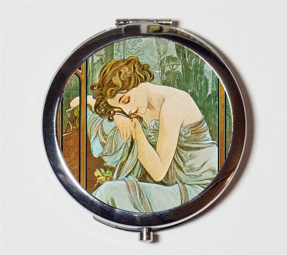 Alphonse Mucha Compact Mirror - Sleeping Art Nouveau Boho Bohemian Gypsy  - Make Up Pocket Mirror for Cosmetics