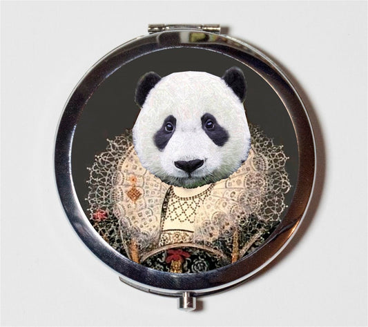 Royal Panda Bear Compact Mirror - Tudor Animal Pop Art Queen Anthropomorphic - Make Up Pocket Mirror for Cosmetics