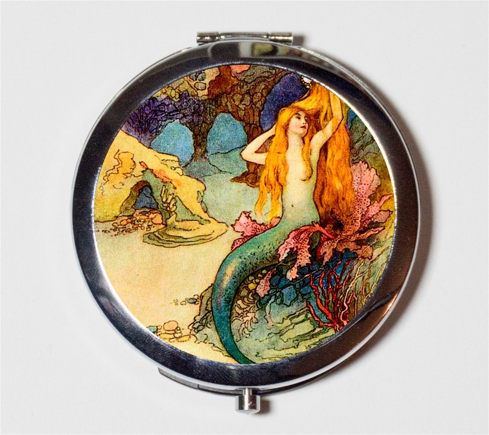 Mermaid Compact Mirror - Nautical Beach Ocean Sea Siren Mermaids Warwick Goble - Make Up Pocket Mirror for Cosmetics