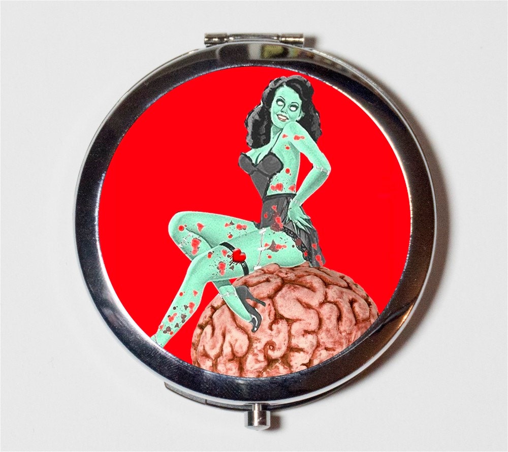 Zombie Pin Up Compact Mirror - Brain Pinup Rockabilly Psychobilly Horror 1950s Retro - Make Up Pocket Mirror for Cosmetics