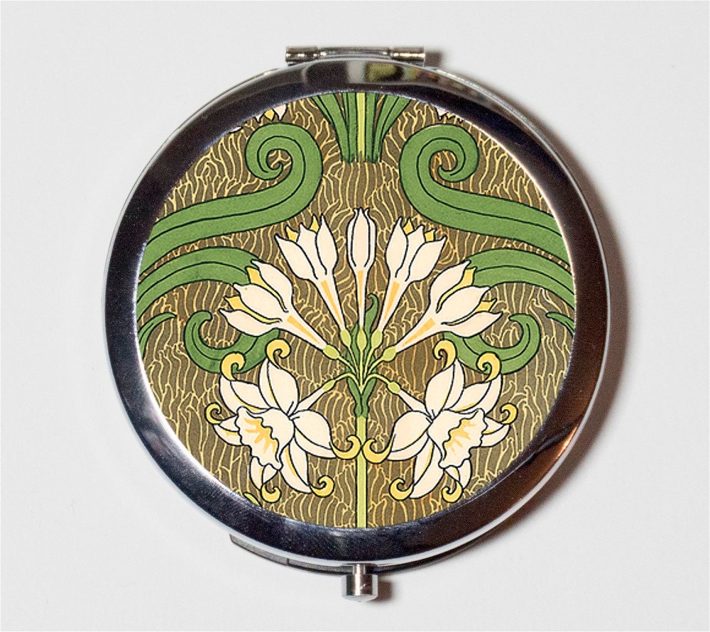 Art Nouveau Floral Compact Mirror - Edwardian Flower Pattern - Make Up Pocket Mirror for Cosmetics