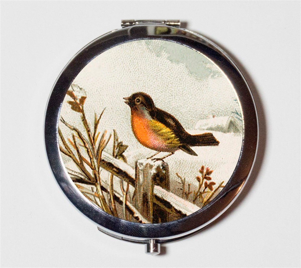 Bird in Winter Compact Mirror - Whimsical Animal Art - Make Up Pocket Mirror for Cosmetics