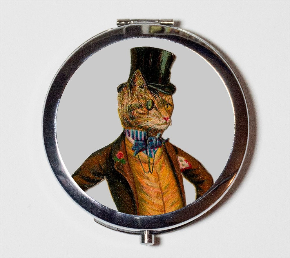 Victorian Cat Compact Mirror - Anthropomorphic Animal Art Steampunk - Make Up Pocket Mirror for Cosmetics