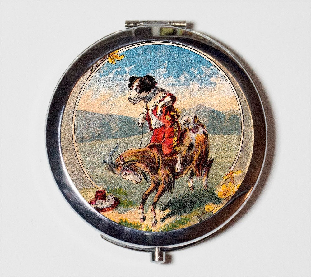 Dog Riding Goat Compact Mirror - Whimsical Animal Art - Make Up Pocket Mirror for Cosmetics