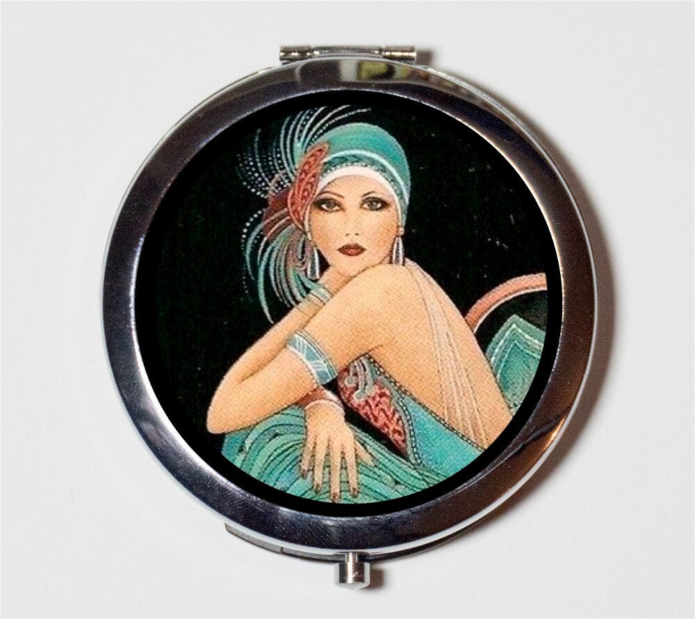 Art Deco Flapper Compact Mirror - Green Dress 1920's Jazz Age Roaring 20s Portrait Elegant - Make Up Pocket Mirror for Cosmetics