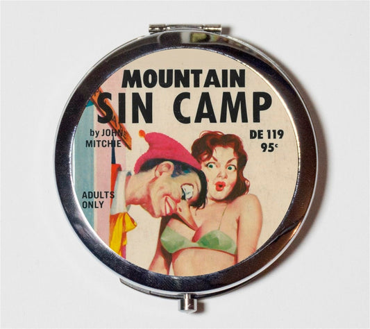 Pulp Sleaze Compact Mirror - Mountain Sin Camp Pulp Fiction Vintage Paperback - Make Up Pocket Mirror for Cosmetics