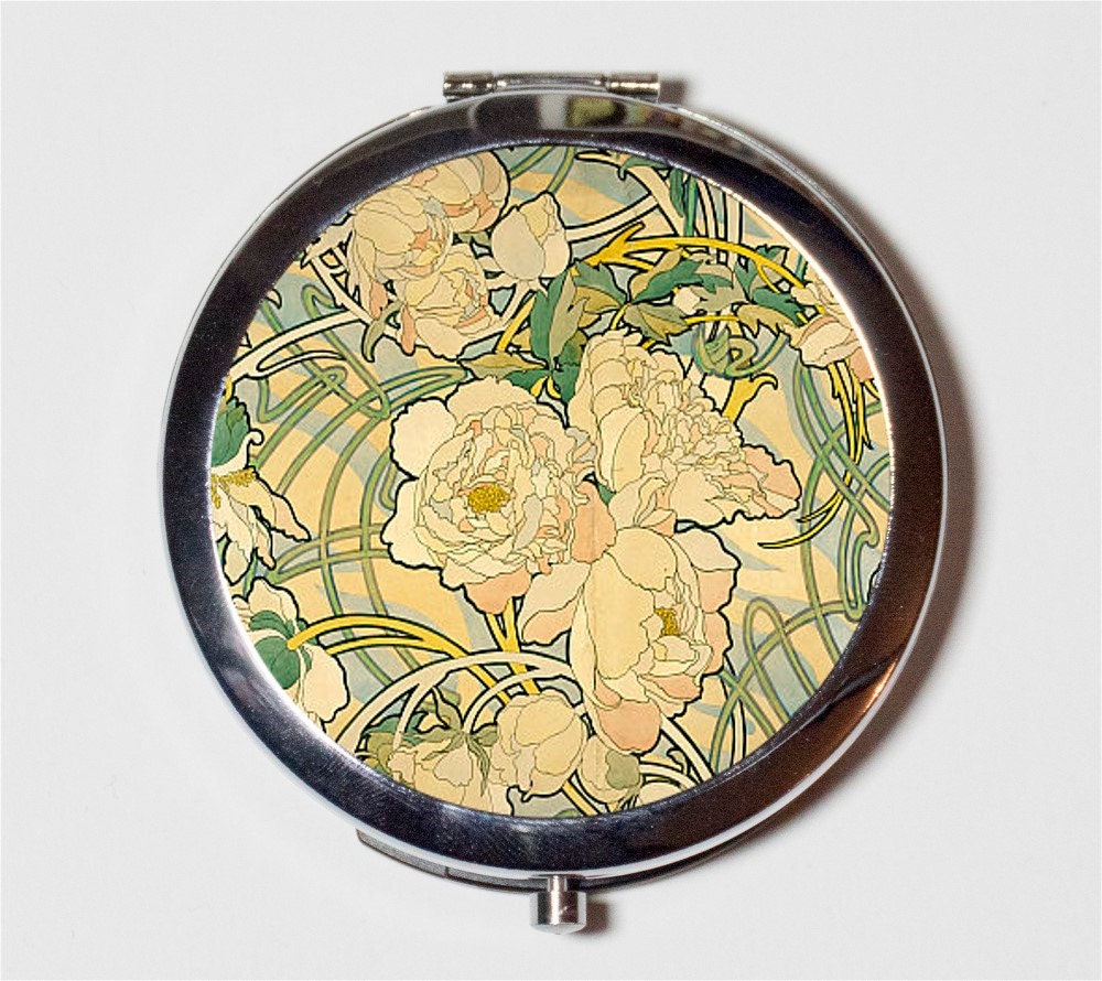 Alphonse Mucha Compact Mirror - Flower Peonies Nouveau Boho - Make Up Pocket Mirror for Cosmetics