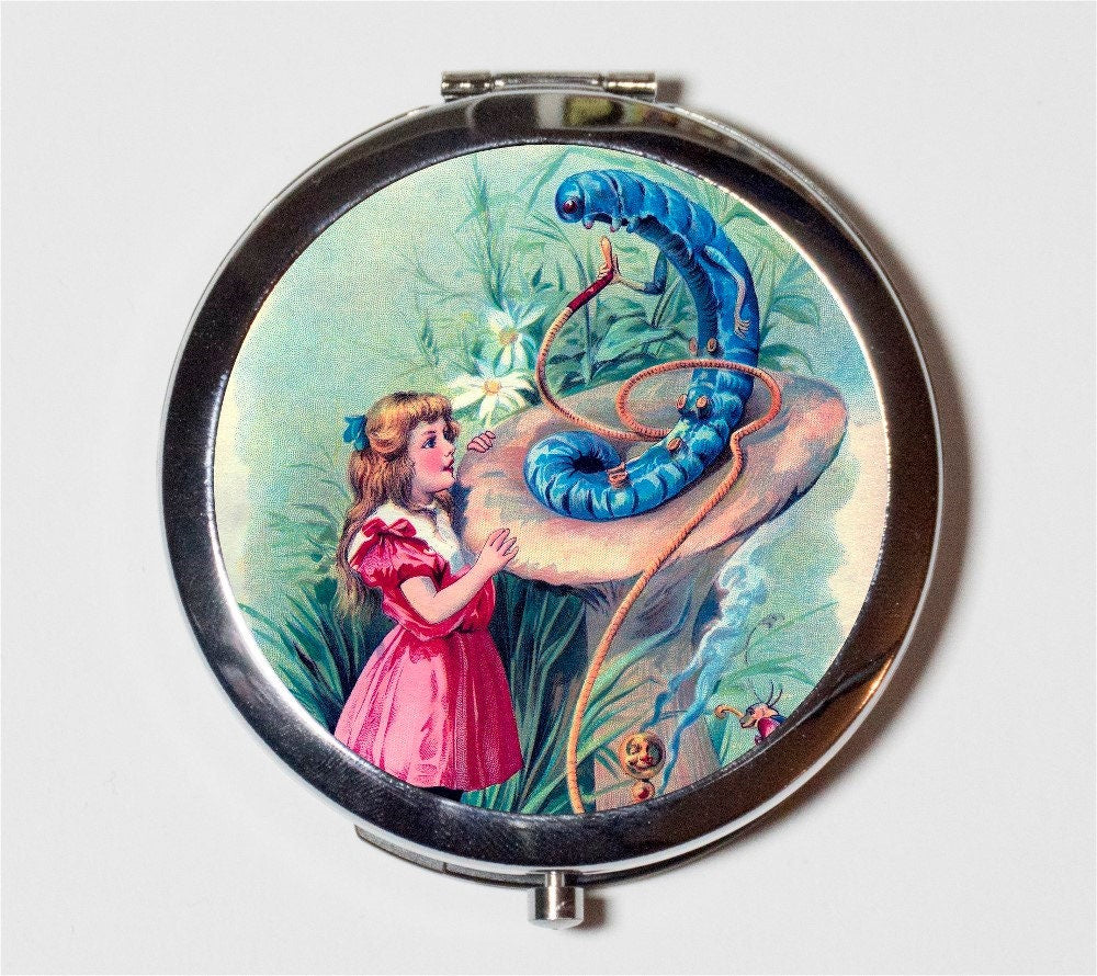 Alice in Wonderland Compact Mirror - Fairytale Lewis Carroll Hookah Smoking Caterpillar - Make Up Pocket Mirror for Cosmetics