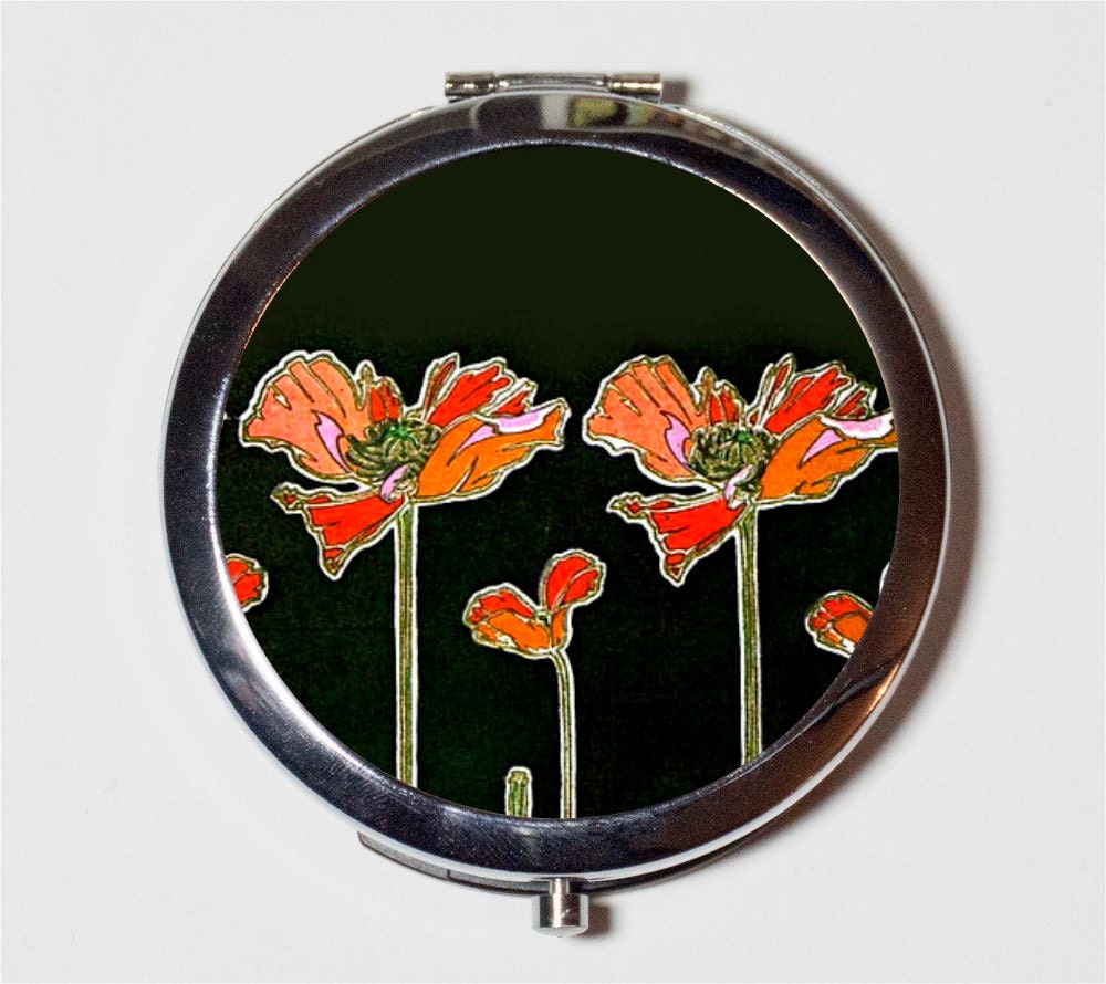 Art Nouveau Poppies Compact Mirror - Art Deco Flowers Floral 1920s - Make Up Pocket Mirror for Cosmetics